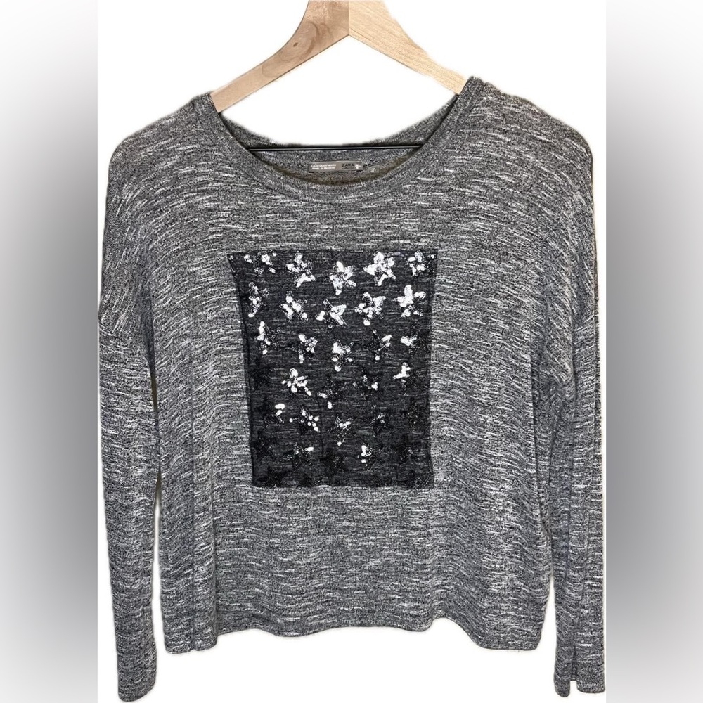 Zara Grey Long Sleeve Tee With Sequence Stars Size Medium
